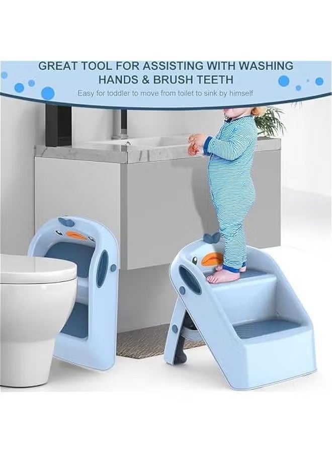 بيوينتي مقعد طيّار للأطفال الصغار متعدد الارتفاعات للمطبخ وحمام الحوض، درجات تواليت لتدريب على القصرية، مقعد مساعد مزدوج الارتفاع 11 للمطبخ، سلالم بلاستيكية بمقابض، مقاعد قدم للحضانة (أزرق) - Image 3